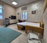 Na prenájom  plne zariadený apartmán na Južnej triede 44, Košice - Obývacia časť 1-izbového bytu s posteľou, televízorom a kreslom na podlahe s dreveným dekorom.