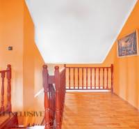 NA PREDAJ RODINNÉ DOMY S GARÁŽOU, DUNAJSKÁ STREDA - Interiér rodinného domu s oranžovými stenami, drevenou podlahou a zábradlím schodiska.