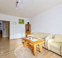 Zariadený 3-izb. byt, Stará Ľubovňa, Mierová ul. - Obývacia izba s podlahou s dreveným dekorom, krémovou sedačkou a dreveným nábytkom v 3-izbovom byte.