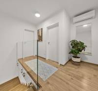 ROVINKA-Prenájom modernej, zariadenej novostavby 4 izbového rod.domu - Chodba v 4-izbovom byte s podlahou s dreveným dekorom, zrkadlom a kvetinou.