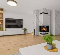 ROVINKA-Prenájom modernej, zariadenej novostavby 4 izbového rod.domu - Obývačka v 4-izbovom byte s krbom a podlahou s dreveným dekorom.