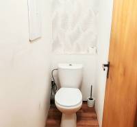3 izbový byt pri električkovej trati s výhľadom na Draždiak - Toaleta v 3-izbovom byte s bielymi stenami a podlahou s dreveným dekorom.
