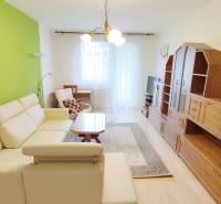 | 2-izbový byt 68m2, Štvrť SNP | Trenčianske Teplice  - Obývačka v 2-izbovom byte s krémovou sedačkou, zelenou stenou a zostavou.