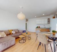 Krásny moderne zariadený 3-izb. byt I novostavba I Stupava - Obývacia izba v 3-izbovom byte s podlahou s dreveným dekorom a pohodlnou pohovkou.