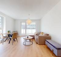 Krásny moderne zariadený 3-izb. byt I novostavba I Stupava - Obývacia izba v 3-izbovom byte s pohovkou, jedálenským stolom a podlahou s dreveným dekorom.