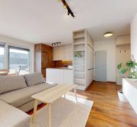 | Exkluzívny 4-izbový byt s obrovskou terasou | Stupava - Obývacia izba so sedačkou v 4-izbovom byte s podlahou s dreveným dekorom.