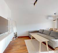 | Exkluzívny 4-izbový byt s obrovskou terasou | Stupava - Obývačka so sedačkou, jedálenským stolom a podlahou s dreveným dekorom v 4-izbovom byte.