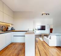 | Exkluzívny 4-izbový byt s obrovskou terasou | Stupava - Kuchyňa v 4-izbovom byte s pracovnou doskou a podlahou s dreveným dekorom.