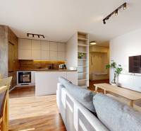 | Exkluzívny 4-izbový byt s obrovskou terasou | Stupava - Interiér 4-izbového bytu s kuchyňou, pohovkou a podlahou s dreveným dekorom.