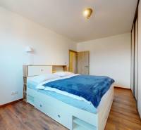 | Exkluzívny 4-izbový byt s obrovskou terasou | Stupava - Spálňa s manželskou posteľou, vstavanou skriňou, podlahou s dreveným dekorom v 4-izbovom byte.