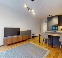 METROPOLIS I Nový Luxusný 2i byt s predzáhradkou I - Obývacia izba v 2-izbovom byte s elegantnou kuchyňou a podlahou s dreveným dekorom.