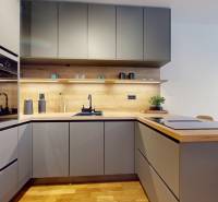 METROPOLIS I Nový Luxusný 2i byt s predzáhradkou I - Kuchyňa s podlahou s dreveným dekorom a moderným vybavením v 2-izbovom byte.