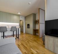 REZERVOVANÉ I METROPOLIS I Luxusný 1i byt I Staré Mesto - Obývačka v 1-izbovom byte s kuchynským kútom a podlahou s dreveným dekorom.