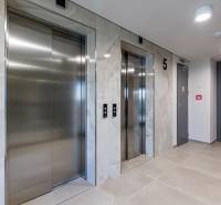 REZERVOVANÉ I METROPOLIS I Luxusný 1i byt I Staré Mesto - Chodba s dvoma výťahmi a modernými obkladmi v bytovom dome.