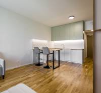 REZERVOVANÉ I METROPOLIS I Luxusný 1i byt I Staré Mesto - Kuchyňa v 1-izbovom byte s podlahou s dreveným dekorom a barovým pultom.