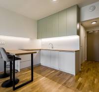 REZERVOVANÉ I METROPOLIS I Luxusný 1i byt I Staré Mesto - Kuchyňa v 1-izbovom byte s podlahou s dreveným dekorom a svetlým nábytkom.