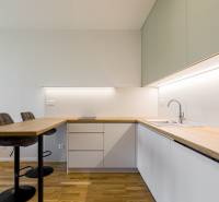 REZERVOVANÉ I METROPOLIS I Luxusný 1i byt I Staré Mesto - Kuchyňa v 1-izbovom byte s podlahou s dreveným dekorom a svetlým nábytkom.