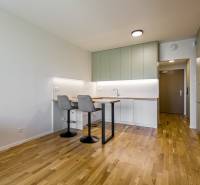 REZERVOVANÉ I METROPOLIS I Luxusný 1i byt I Staré Mesto - Kuchyňa s barovým pultom a podlahou s dreveným dekorom v 1-izbovom byte.