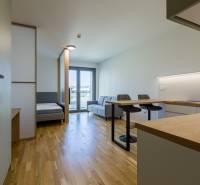 REZERVOVANÉ I METROPOLIS I Luxusný 1i byt I Staré Mesto - Interiér 1-izbového bytu s podlahou s dreveným dekorom, kuchynským ostrovčekom a sedačkou.