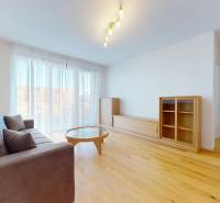 | Prémiové bývanie v ZWIRNe I Pekný zariadený 2i byt I  - Obývacia izba s podlahou s dreveným dekorom, sedačkou a dreveným nábytkom v 2-izbovom byte.
