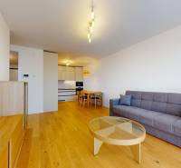 | Prémiové bývanie v ZWIRNe I Pekný zariadený 2i byt I  - Obývacia izba s pohovkou a podlahou s dreveným dekorom v 2-izbovom byte.