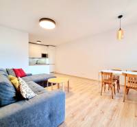 Pekný a moderný 3-izbový byt I Arboria Trnava - Obývacia izba v 3-izbovom byte s kuchynským kútom a podlahou s dreveným dekorom.