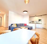 Pekný a moderný 3-izbový byt I Arboria Trnava - Obývačka v 3-izbovom byte s podlahou s dreveným dekorom, pohodlnou sedačkou a kuchynským kútom.