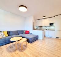 Pekný a moderný 3-izbový byt I Arboria Trnava - Obývacia izba s kuchyňou v 3-izbovom byte má podlahu s dreveným dekorom a rohovú sedačku.