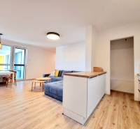 Pekný a moderný 3-izbový byt I Arboria Trnava - Interiér 3-izbového bytu s podlahou s dreveným dekorom, kuchyňou a balkónom.