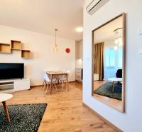 Posledný investičný krásny 2-izbový byt | 55 m² | RÍNOK RAČA - 2-izbový byt s podlahou s dreveným dekorom, jedálenským stolom a televízorom v obývacej izbe.