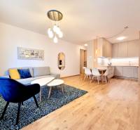 Posledný investičný krásny 2-izbový byt | 62 m² | RÍNOK RAČA - Obývacia izba v 2-izbovom byte s kuchynským kútom a podlahou s dreveným dekorom.