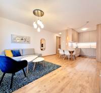 Posledný investičný krásny 2-izbový byt | 62 m² | RÍNOK RAČA - Obývacia izba 2-izbového bytu s pohovkou, kreslom, kuchynským kútom a podlahou s dreveným dekorom.