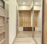 Moderný unikát - 1,5- izb. byt s 2 loggiami na prenájom (Nad jazerom) - Interiér 1-izbového bytu s podlahou s dreveným dekorom, skriňami a vešiakovou stenou.