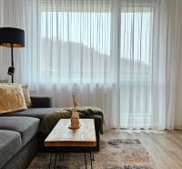 Moderný unikát - 1,5- izb. byt s 2 loggiami na prenájom (Nad jazerom) - Štýlový obývací priestor v 1-izbovom byte s pohovkou a stolíkom na podlahe s dreveným dekorom.