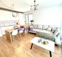 MODERNE A PRAKTICKY ZARIADENÝ 3 IZB. BYT V NOVOSTAVBE NA BOROCH. - Obývacia izba s kuchyňou v 3-izbovom byte, svetlá sedačka, podlaha s dreveným dekorom.