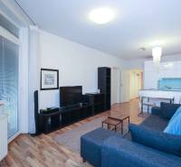 Predaj útulný 2 izbový byt, novostavba, super lokalita Jégeho ulica. - Obývacia izba 2-izbového bytu s podlahou s dreveným dekorom a štýlovým nábytkom.