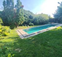 Ponúkame na predaj záhradný domček - Jasová - Záhrada rodinného domu v Jasovej s bazénom obklopená zeleňou a stromami.