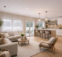 EXKLUZÍVNA SKOLAUDOVANÁ NOVOSTAVBA 4-IZB. RD Z KVALITNÝCH MATERIÁLOV - Obývačka a kuchyňa v rodinnom dome s podlahou s dreveným dekorom, pohodlným nábytkom.