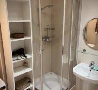 Slnečný 2i byt s balkónmi pri NC Nivy - Kúpeľňa v 2-izbovom byte s rohovým sprchovacím kútom, umývadlom a bielou poličkou.