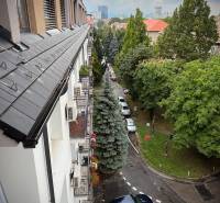 Slnečný 2i byt s balkónmi pri NC Nivy - Pohľad z výšky na zeleň a zaparkované autá v Bratislave - Ružinove na Budovateľskej ulici.