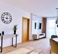 NADŠTANDARDNÝ 3-IZBOVÝ BYT NA PRENÁJOM | Byty Solivarská, Prešov - Obývacia izba v 3-izbovom byte s podlahou s dreveným dekorom, stolom a televízorom.