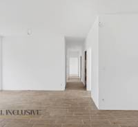 Na predaj 4-izbové novostavby, Veľká Paka - Biela chodba v rodinnom dome s podlahou s dreveným dekorom a presklenými dverami do dvora.