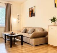 Prenájom 2 izbový byt Trenčín s vlastným parkovaním a terasou - Obývačka v 2-izbovom byte s béžovou sedačkou, podlaha s dreveným dekorom.