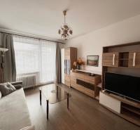 Ponuka na prenájom 2,5 izbový byt Zl. Potok - Obývacia izba v 2-izbovom byte s podlahou s dreveným dekorom, elegantným nábytkom a televízorom.