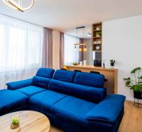 PRENÁJOM | 3i byt v centre Prešova | ZARIADENÝ - Obývačka v 3-izbovom byte s modrou sedačkou, podlaha s dreveným dekorom, interiérové rastliny.