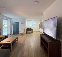 Moderný 3-izbový byt so záhradou Šamorín-Kráľovianky - Obývacia izba v 3-izbovom byte s pohovkou, televízorom a podlahou s dreveným dekorom.