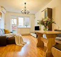 2-IZB. BYT, ČIASTOČNE ZARIADENÝ, TERASA , MOSTI PRI BRATISLAVE  - Obývacia izba v 2-izbovom byte s podlahou s dreveným dekorom a pohovkou.