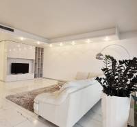 Luxusný 3-izb. byt s famóznym výhľadom na Dunaj, River Park - Obývačka v 3-izbovom byte s bielym gaučom, rastlinami a televízorom na svetlej podlahe.