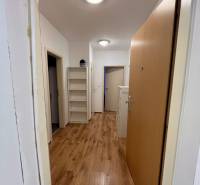 Prenájom 2-izb bytu Dlhé diely - Chodba v 2-izbovom byte s podlahou s dreveným dekorom a poličkami na stene.