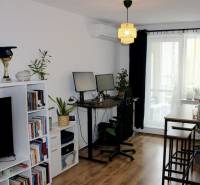 Prenájom 2-izb bytu Dlhé diely - Obývacia izba s policou plnou kníh a trofejí, pracovným stolom a kobercovou podlahou.